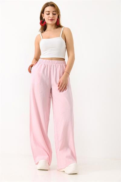 Kadın Taş Detaylı Bol Kesim Keten Görünümlü Pantolon Pembe