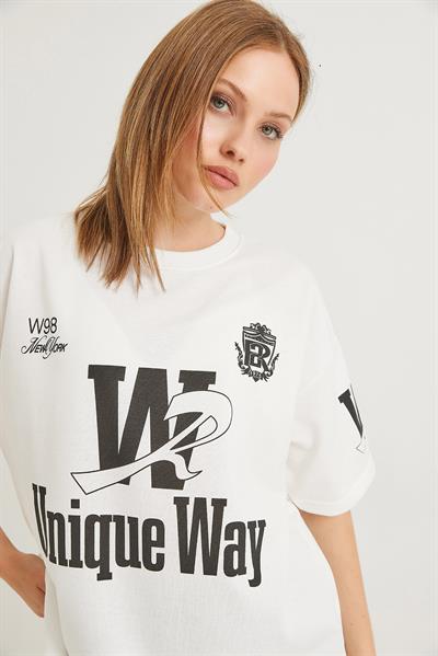 Bisiklet Yaka Baskılı Tshirt Beyaz