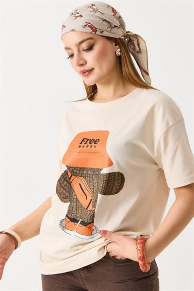 Kadın Baskılı Bisiklet Yaka Kısa Kol Tshirt Krem