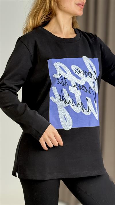 Kadın Siyah Baskılı Uzun Kollu Tshirt