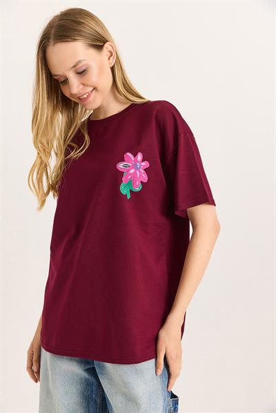 Baskılı Bisiklet Yaka Basic Tshirt Bordo