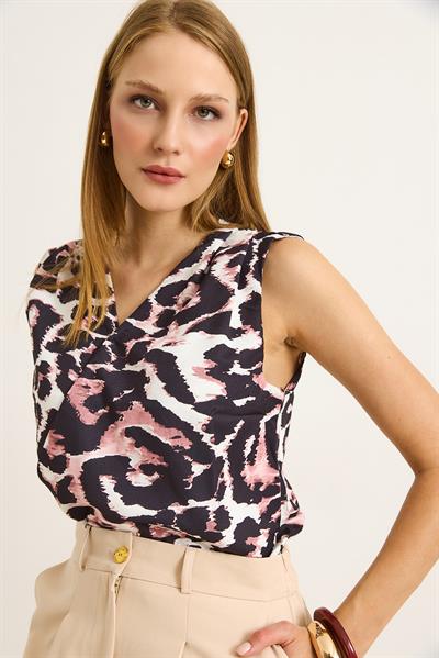 V Yaka Sıfır Kol Kadın Bluz Leopar