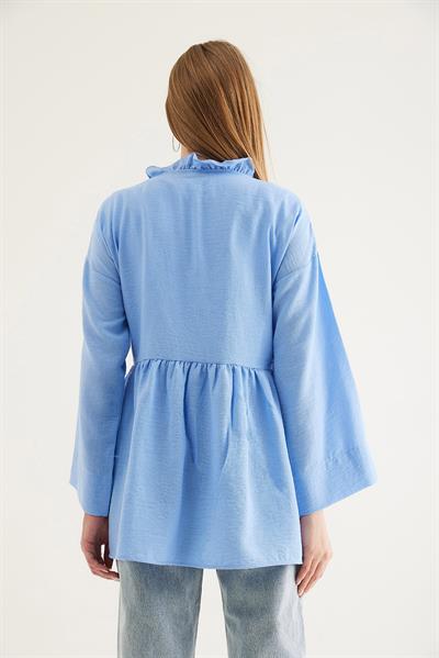 Yandan Bağlamalı Yakası Fırfırlı Kimono Mavi