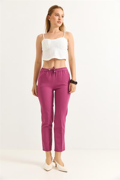 Beli Lastikli Kısa Paça Double Krep Pantolon Gül Kurusu