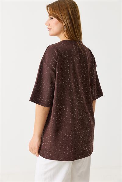 Kadın Taş Detaylı Bisiklet Yaka Oversize Tshirt Kahverengi