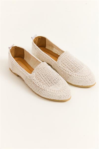 Örgü Tasarım Kadın Babet Ayakkabı Beyaz