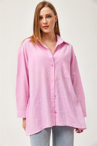 Oversize Cepli Poplin Gömlek Pembe