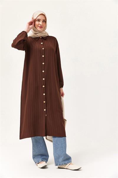 Keten Düğmeli Uzun Tesettür Tunik Kahverengi