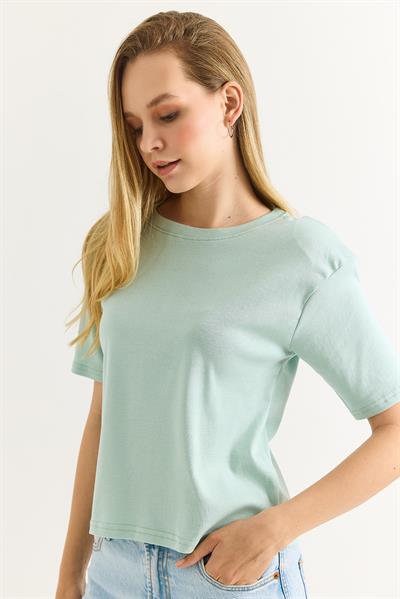 Vatkalı Bisiklet Yaka Basic Tshirt Su Yeşili