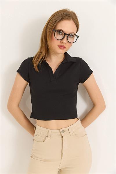 Polo Yaka Basıc Kısa Kollu Örme Kaşkorse Crop Bluz .Siyah