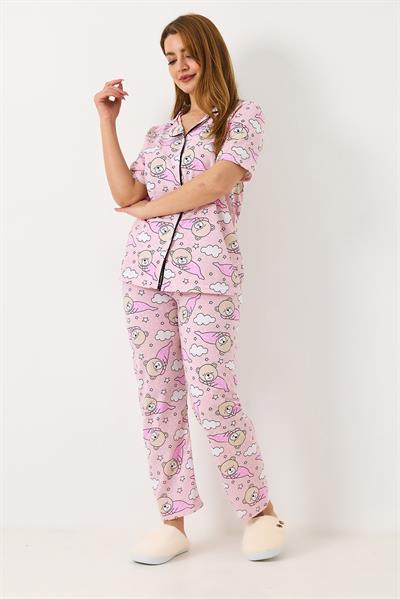 Kadın Bulut Baskılı Pijama Takımı Pembe