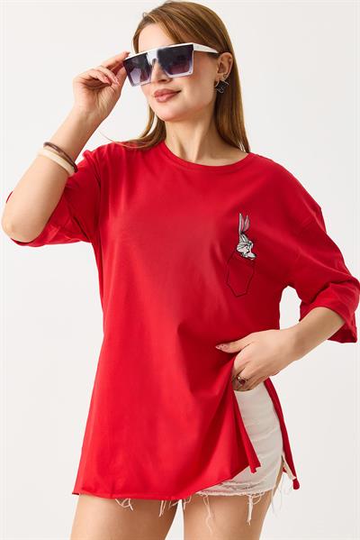 Kadın Yanları Yırtmaçlı Oversize  Basic Tshirt Kırmızı