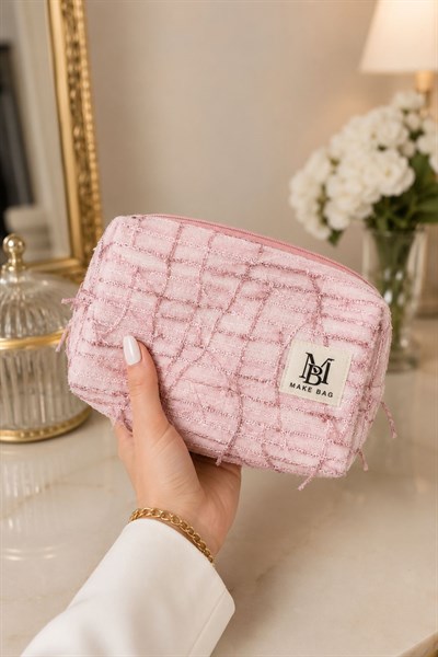Kadın Boncuklu 23X13 Ölçülü Makyaj Çantası Pembe