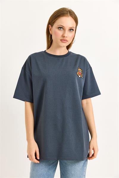 Ayıcık Nakışlı Oversize İki İp Tshirt Füme