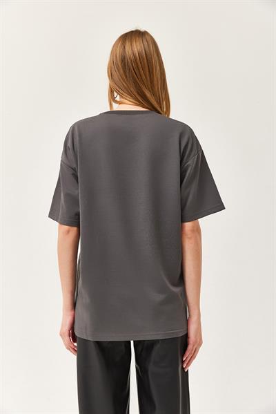 Bisiklet Yaka Oversize Tshirt Füme