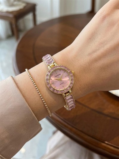 Zirkon Taşlı Pembe Kadranlı Çelik Kol Saati Pembe