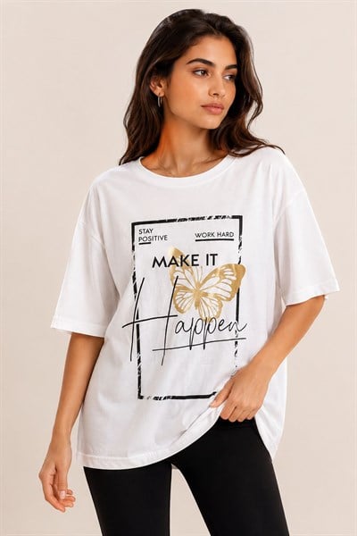 Kadın Bisiklet Yaka Rahat Kesim Tshirt Beyaz
