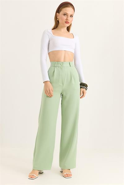 Yüksek Bel Bol Paça Yeşil Pantalon 