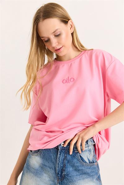 Alo Nakışlı Oversize Unisex Tshirt Pembe