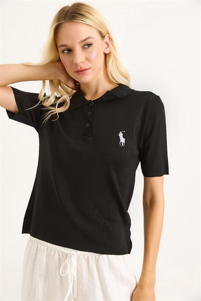Nakışlı Polo Yaka Düğme Detaylı Triko Tshirt	Siyah