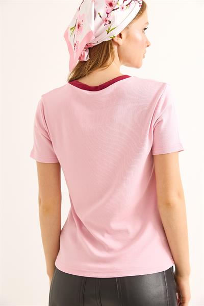 V Yaka  Kısa Kollu Kadın Kısa Tshirt Pembe