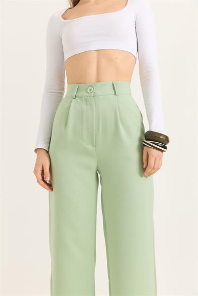 Yüksek Bel Bol Paça Yeşil Pantalon 