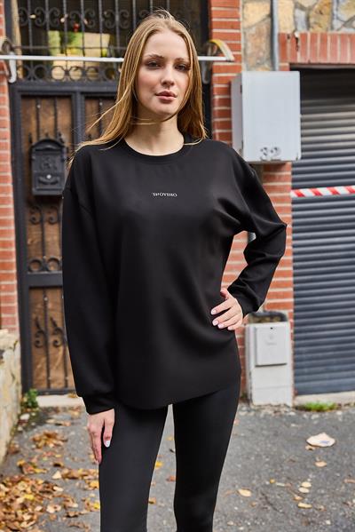 Kadın Modall Kumaş Yazı Baskılı Siyah Sweat