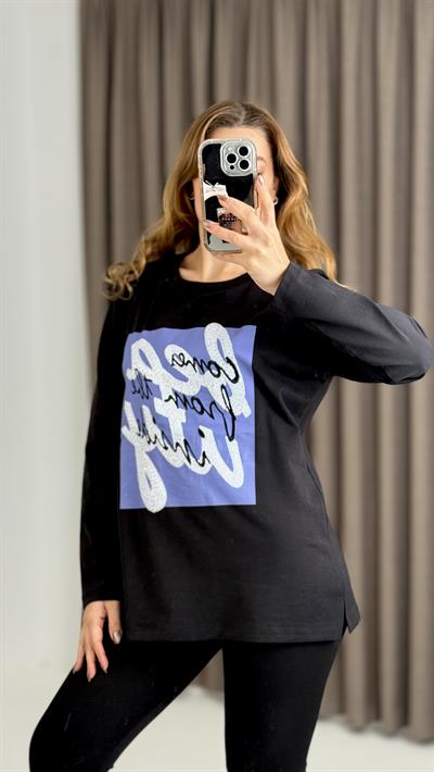 Kadın Siyah Baskılı Uzun Kollu Tshirt