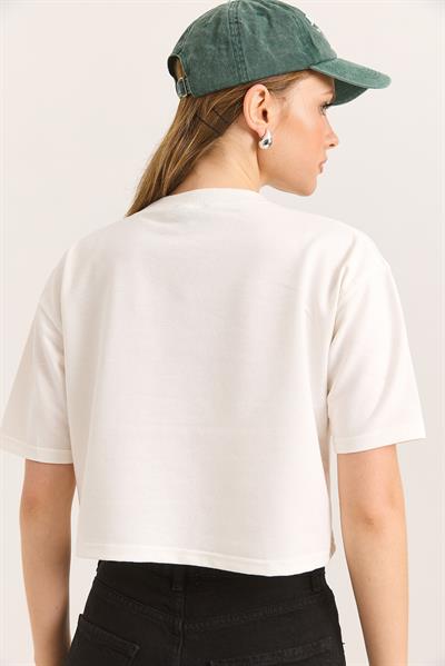 Bisiklet Yaka Havalı Crop İki İp Ekru