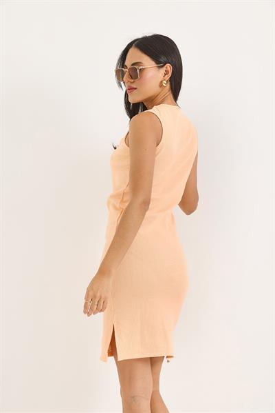 Sıfır Kol Kaşkorse Yırtmaçlı Midi Elbise Açık Turuncu