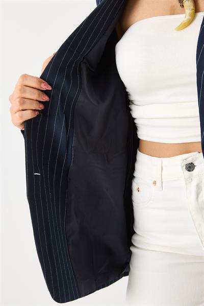 Kadın Çizgi Desen Blazer Ceket Lacivert