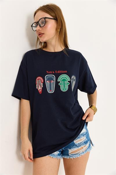 Baskılı Oversize Tshirt  Lacivert