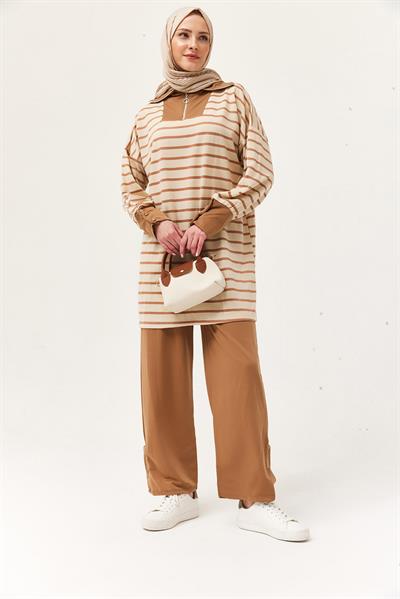 Yaka Fermuarlı Kol Detaylı  İkili Takım Vizon