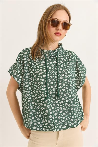 Çiçek Desen Yakası İpil Oversize Bluz Yeşil