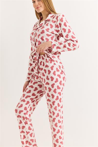 Kadın Pudra Pamuklu Polo Yaka  Beyaz Kalpli Pijama Takımı
