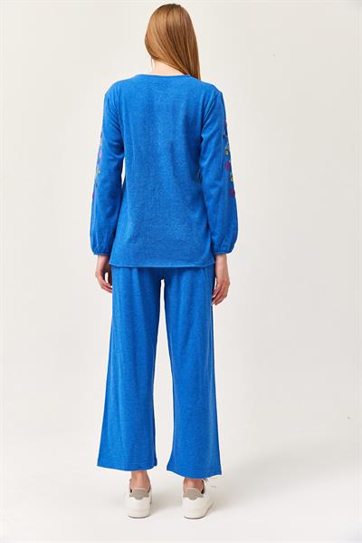Hera Kumaş Önü ve Kolları İşlemeli İkili Takım Mavi