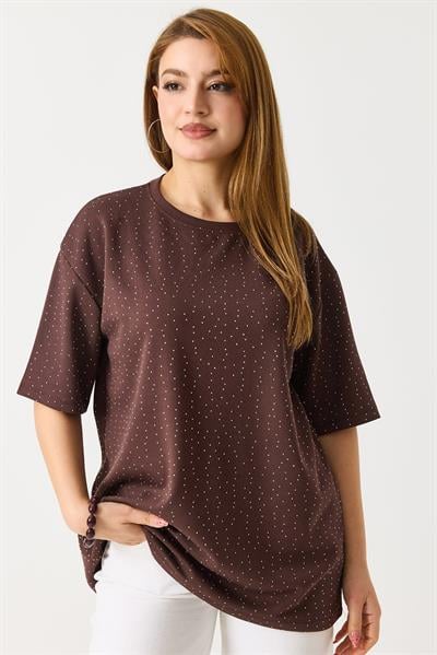 Kadın Taş Detaylı Bisiklet Yaka Oversize Tshirt Kahverengi