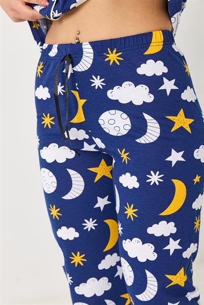 Kadın Bulut Baskılı Pijama Takımı Lacivert