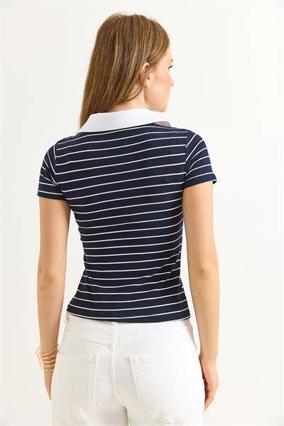 Polo Yaka Çizgi Desenli Kadın Tshirt Lacivert
