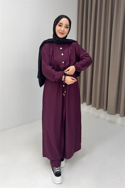 Kadın Beli Tünelli Düğmeli Uzun Tunikli İkili Takım Burgonya