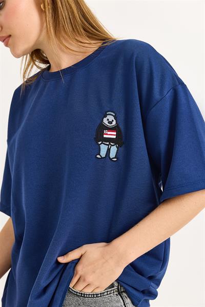 Nakışlı Bisiklet Yaka Tshirt  Lacivert