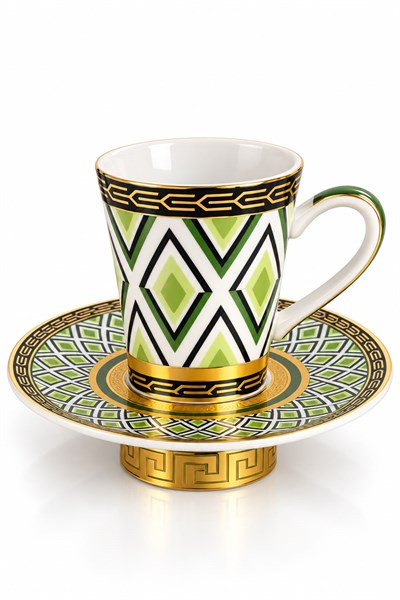6lı Geometrik Desenli Tabağı İçe Geçmeli Fincan Takımı Yeşil
