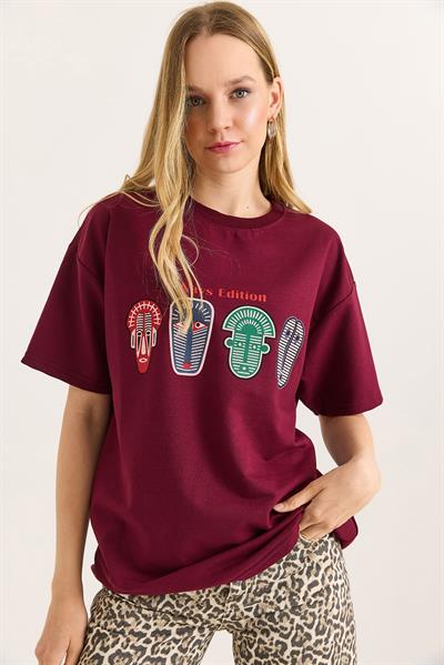 Baskılı Oversize Tshirt Bordo