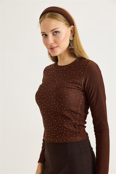 	Kadın Ottoman Bisiklet Yaka Taşlı Bluz Kahve