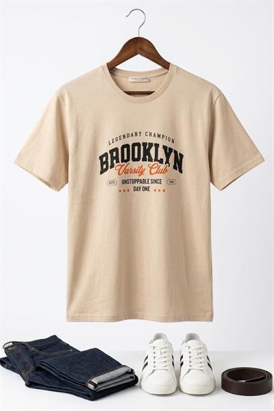 Kadın Bisiklet Yaka Kısa Kollu Tshirt Krem