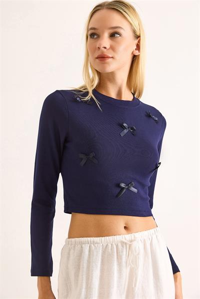 Kadın Kurdeleli Uzun Kollu Crop Bluz Lacivert