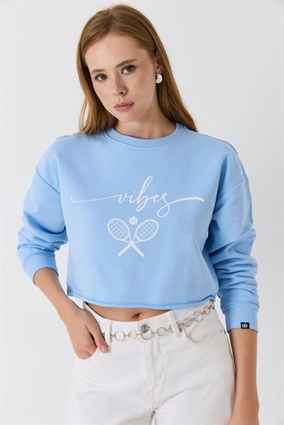 Kadın İki iplik Crop Sweatshirt Mavi