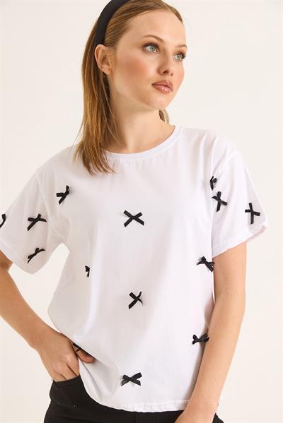Fiyonk Detaylı Fit Pamuk Tshirt Beyaz