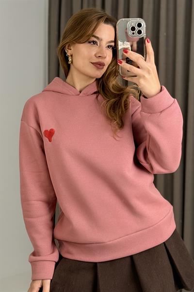 Üç İplik Pembe Kalp Nakışlı Şardonlu Kangru Cepli Kapişonlu Sweat