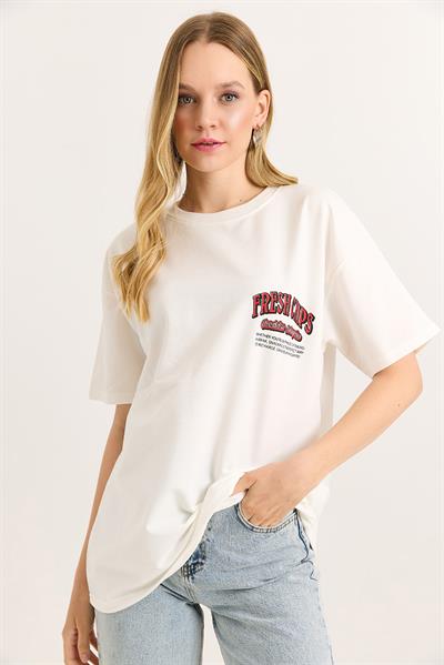 Rahat Kesim Baskılı Kadın Tshirt Beyaz